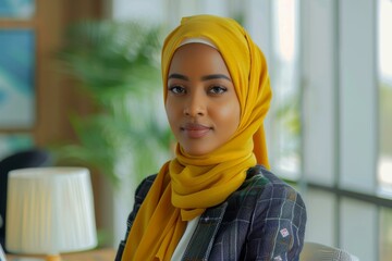  Confident Muslim woman in yellow hijab, professional setting, warm smile, blurred background.