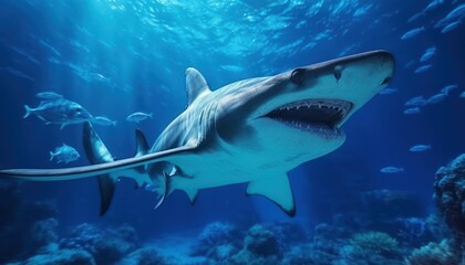 Naklejka premium Great White Shark in the ocean, portrait of White shark hunting prey in the underwater