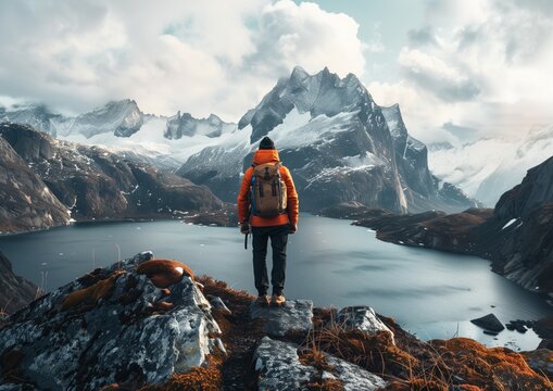 Adventurous Hiker Overlooking Majestic Mountain Lake Landscape at Sunrise