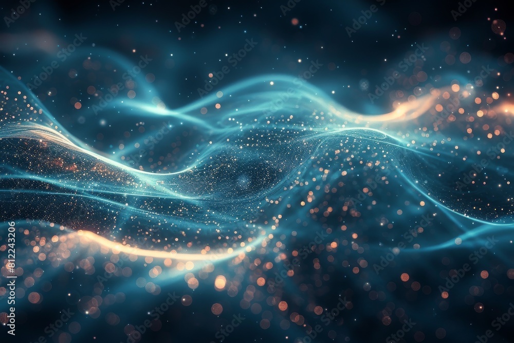 Poster the image depicts an ethereal flow of blue particles forming wave-like patterns, giving a calm, tech