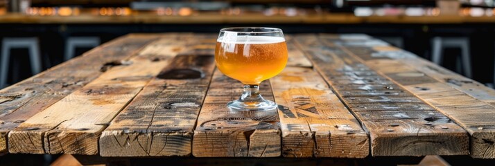 Beer glass on wooden table with blurred bar background, ideal for text placement