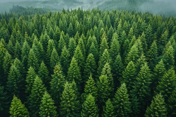 Fototapeta premium Aerial view of a dense evergreen forest offering a natural pattern with deep green tones