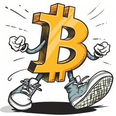 Animated Bitcoin character with sneakers, showcasing cryptocurrency's dynamic nature. - obrazy, fototapety, plakaty