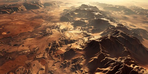  Stunning Mars landscape, vivid sunrise over rugged terrain, futuristic or space-themed visuals. - obrazy, fototapety, plakaty