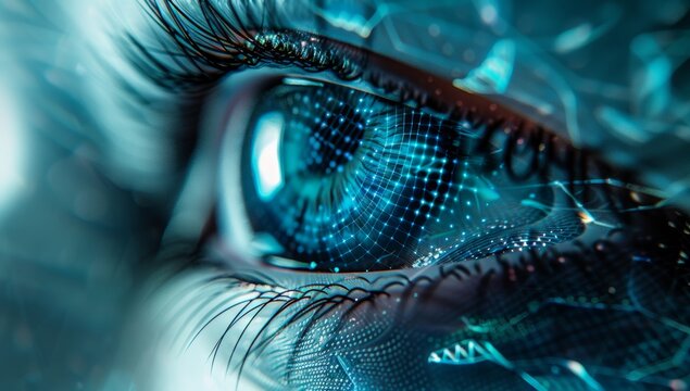 Close-up of an eye with digital overlay, symbolizing technology and vision.