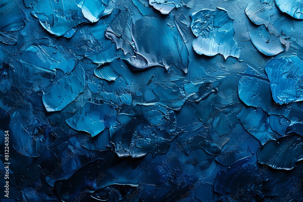 Poster an intense abstract image showing intricate layers and textures of blue and black, reflecting comple