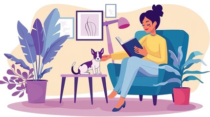 A young woman is sitting in a comfortable chair, reading a book