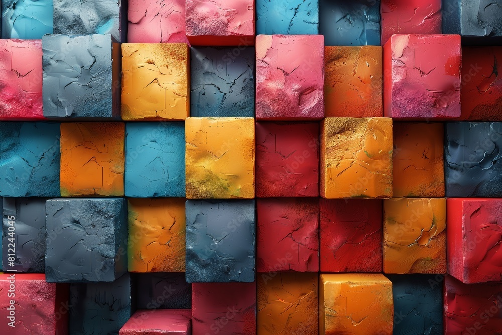 Poster a bold, abstract image showcasing vividly colored, textured square blocks in a repeated pattern