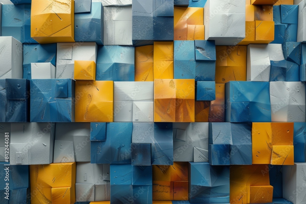 Poster this image features a well-arranged pattern of cubes with a cool blue and lively yellow color scheme