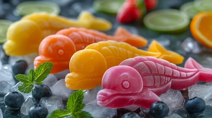 Playful dolphin-shaped fruit popsicles, made with fresh fruit juice and coconut water, offering a refreshing and healthy treat that's perfect for cooling off on hot summer days - obrazy, fototapety, plakaty