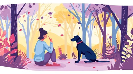 A young woman is sitting on a rock in the woods with her dog - obrazy, fototapety, plakaty