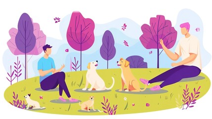 Two friends sitting on the grass in a park with their dogs. The dogs are playing and the friends are talking and laughing. - obrazy, fototapety, plakaty