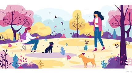 Two women reading in a park with their dogs. The woman on the left is sitting on a chair and the woman on the right is walking. - obrazy, fototapety, plakaty
