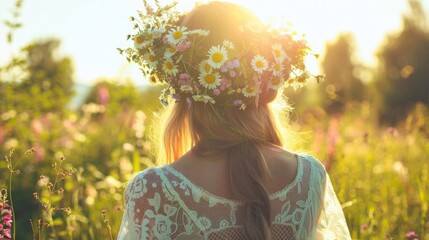A woman wearing a flower wreath is standing in a sunny meadow representing the floral crown as a symbol of the summer solstice - Powered by Adobe