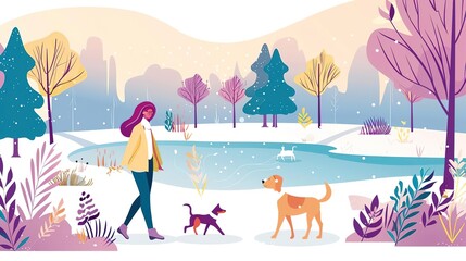 A young woman walking her two dogs in a snowy park - obrazy, fototapety, plakaty
