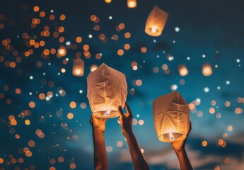 Families release paper lanterns at night during Loy Krathong and Yi Peng Festival - obrazy, fototapety, plakaty