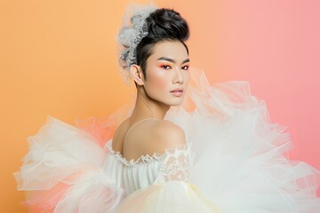 portrait of a androgynous male model in a gown dress, gender queer , feminine, pastel background	
