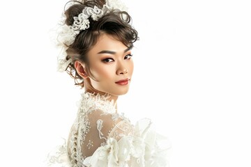 portrait of a androgynous male model in a gown dress, gender queer , feminine, white background