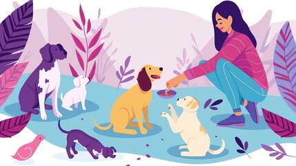 A young woman kneels down to feed a group of dogs and a cat