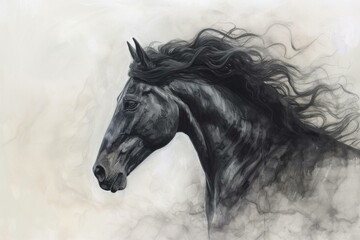Detailed illustration of a majestic purebred black stallion horse with an elegant and flowing mane in a serene and noble profile view, showcasing its graceful strength and beauty in monochrome art