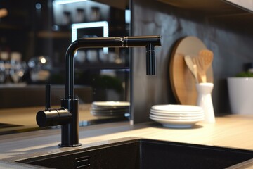 Sleek Black kitchen faucet plant. People home. Generate Ai
