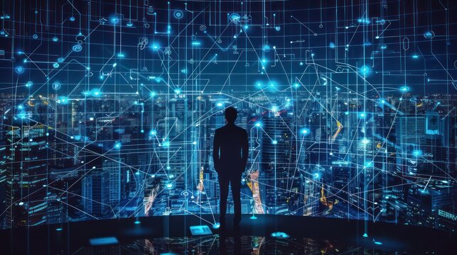 Businessman standing on Smart city map with big data connection technology concept AI generated