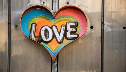 the word love in a heart multicolored graffiti style on metal looking background