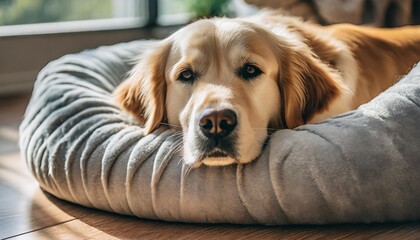 resting dog in a comfortable pet bed a golden retriever lies snugly in a round plush dog bed with...