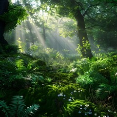 Sunrays Piercing Through Lush Emerald Forest Vegetation A Ode to Natures Splendor