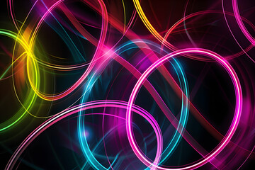 Vibrant neon colors with abstract glowing circles and sharp lines. Colorful artwork on black background.