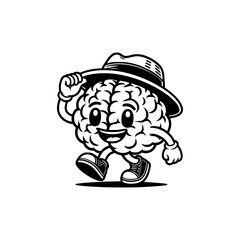 mascot brain wear hat walking with happy face vector illustration