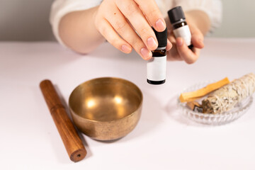 Promoting essential oil therapy, bottle of oil, serum