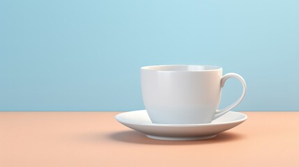 A white cup sits on a white plate on a table