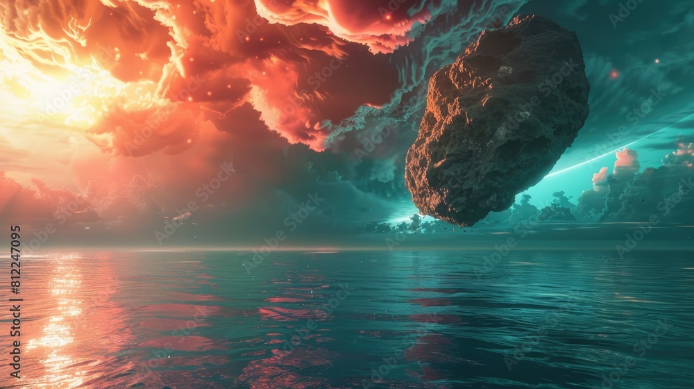 Poster a backdrop of intense science unfolds as an asteroid looms overhead casting ominous red clouds over 