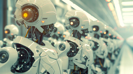Advanced Robotics Assembly Line Production. Line of advanced robots with glowing eyes in a high-tech manufacturing facility.