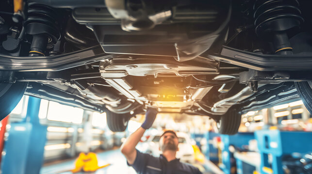Auto Mechanic Inspecting Car Undercarriage. Auto mechanic working under a car, inspecting the undercarriage in a well-equipped garage.