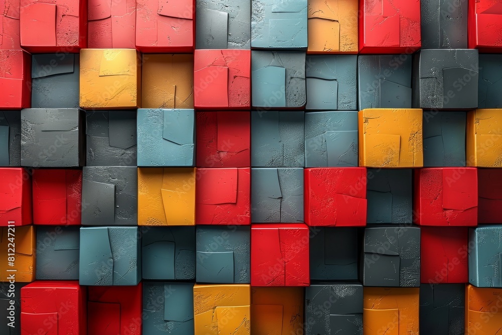 Poster abstract image of a 3d render of colorful red, blue, and yellow cubes arranged in a pattern