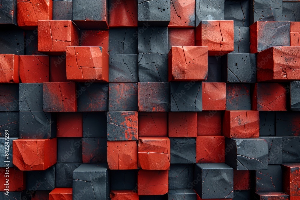 Poster a detailed image showcasing a dark setup of cubic blocks with striking red highlights