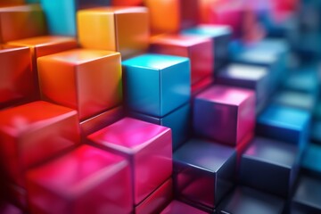 Obraz premium Artistic image of cubes displaying a colorful gradient from warm to cool tones with a soft blur
