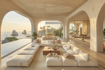Elegant Minimalist Living Room with Sculptural Furniture and Earthy Colors, Bathed in Sunset Light at a Californian Beachfront Home