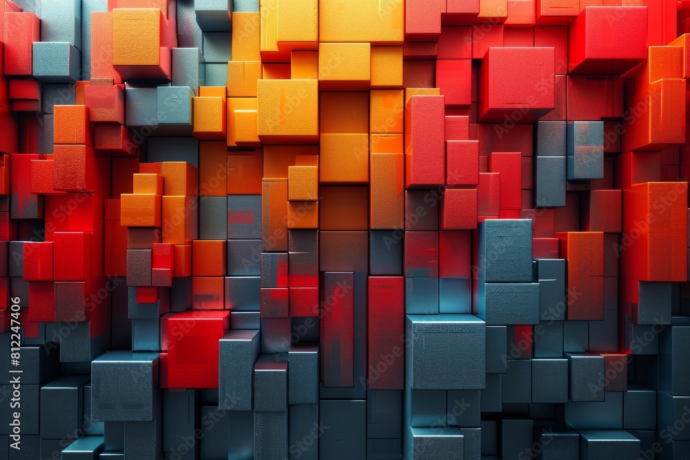 Poster a visually striking 3d render of cubes in vibrant red and orange shades forming a unique pattern per