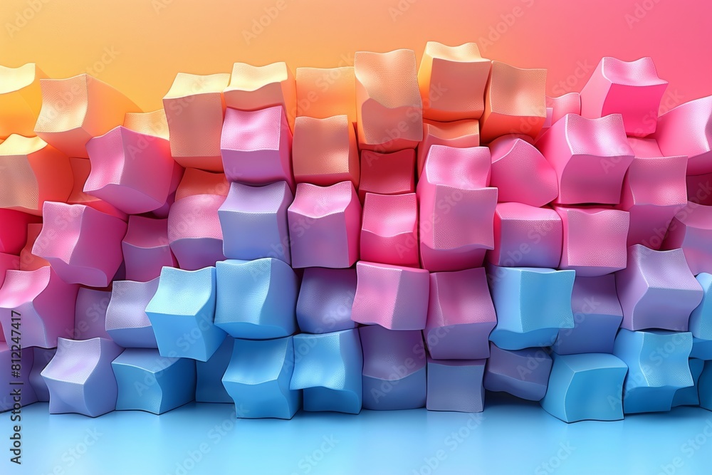 Poster a digital abstract image with soft, plush-looking pillow-like formations in seamless rows, suggestin