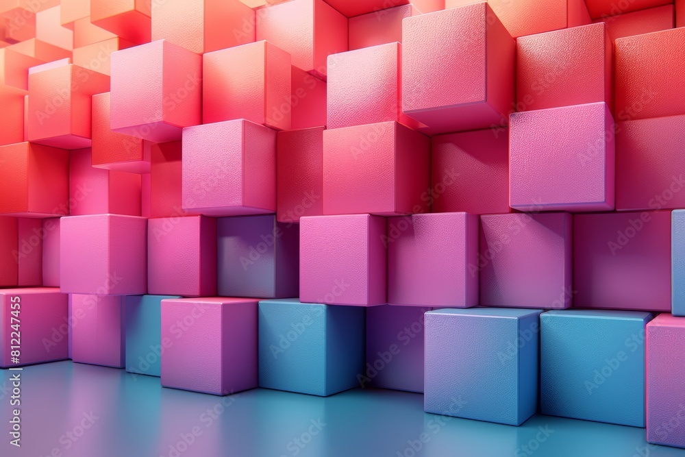 Poster abstract 3d rendering of cubes with a smooth gradient from pink to blue, creating a calming and styl