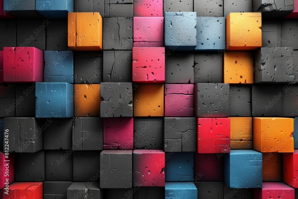 Poster a visually striking image displaying a 3d render of varied colorful textured blocks against a dark b
