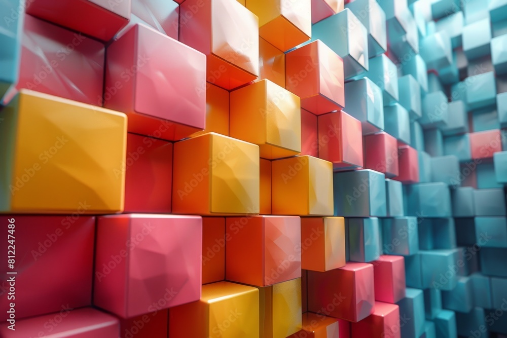 Poster an image showing an attractive 3d render of colorful blocks in shades of orange and pink creating a 