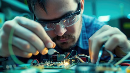 A man in eyewear is seen working on a circuit board in a dark room, exploring the science of circuitry for recreational fun. AIG41