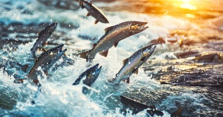Fishing in the wild. Close-up of a group of trout jumping out of the water.