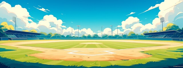 baseball field cartoon illustration background, flat design