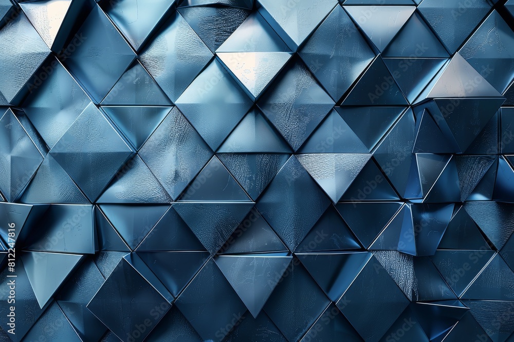 Poster a reflective geometric pattern with 3d triangular shapes in various shades of blue, creating a cool 