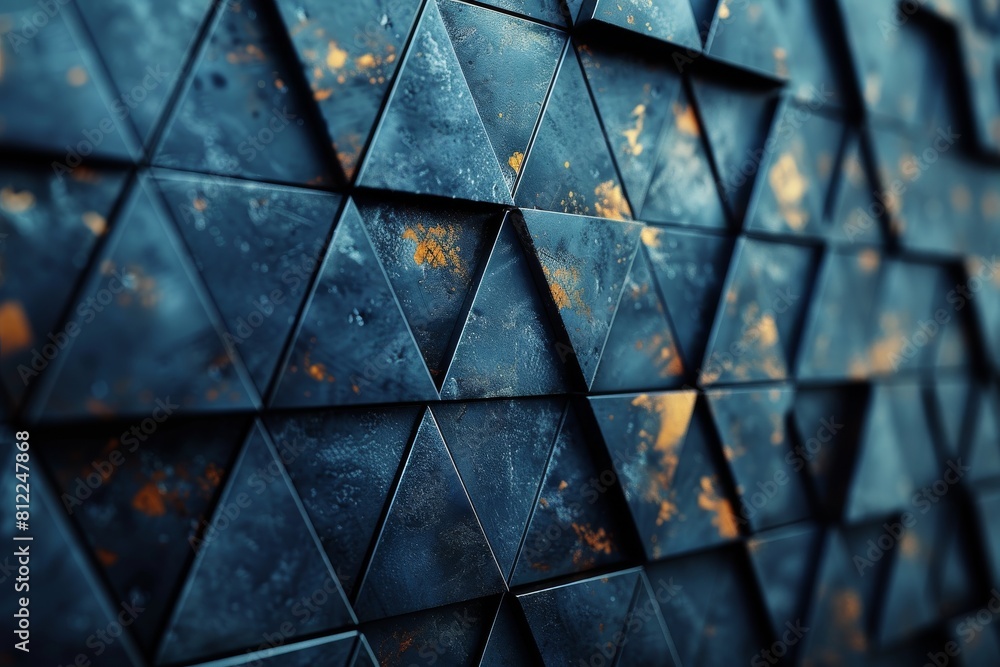 Poster this image showcases a rusted geometric triangle pattern with blue tones, adding to the sense of dep